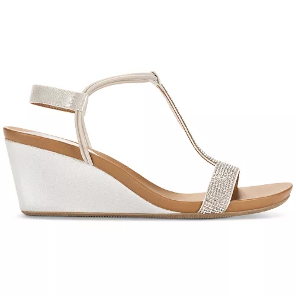 Style & Co Womens 12 Silver Tan Wedge Heel T Strap Sandals Shoes NEW NIB - Picture 3 of 8